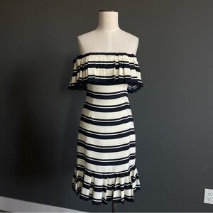 Halston Heritage Off Shoulder Black Ivory Stripe Ruffle Midi Dress Size 0